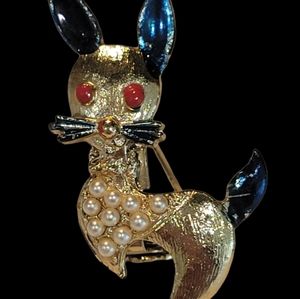 Colorful Vintage Deer Fawn Jewelry Brooch Pin Faux Pearl and Golden.